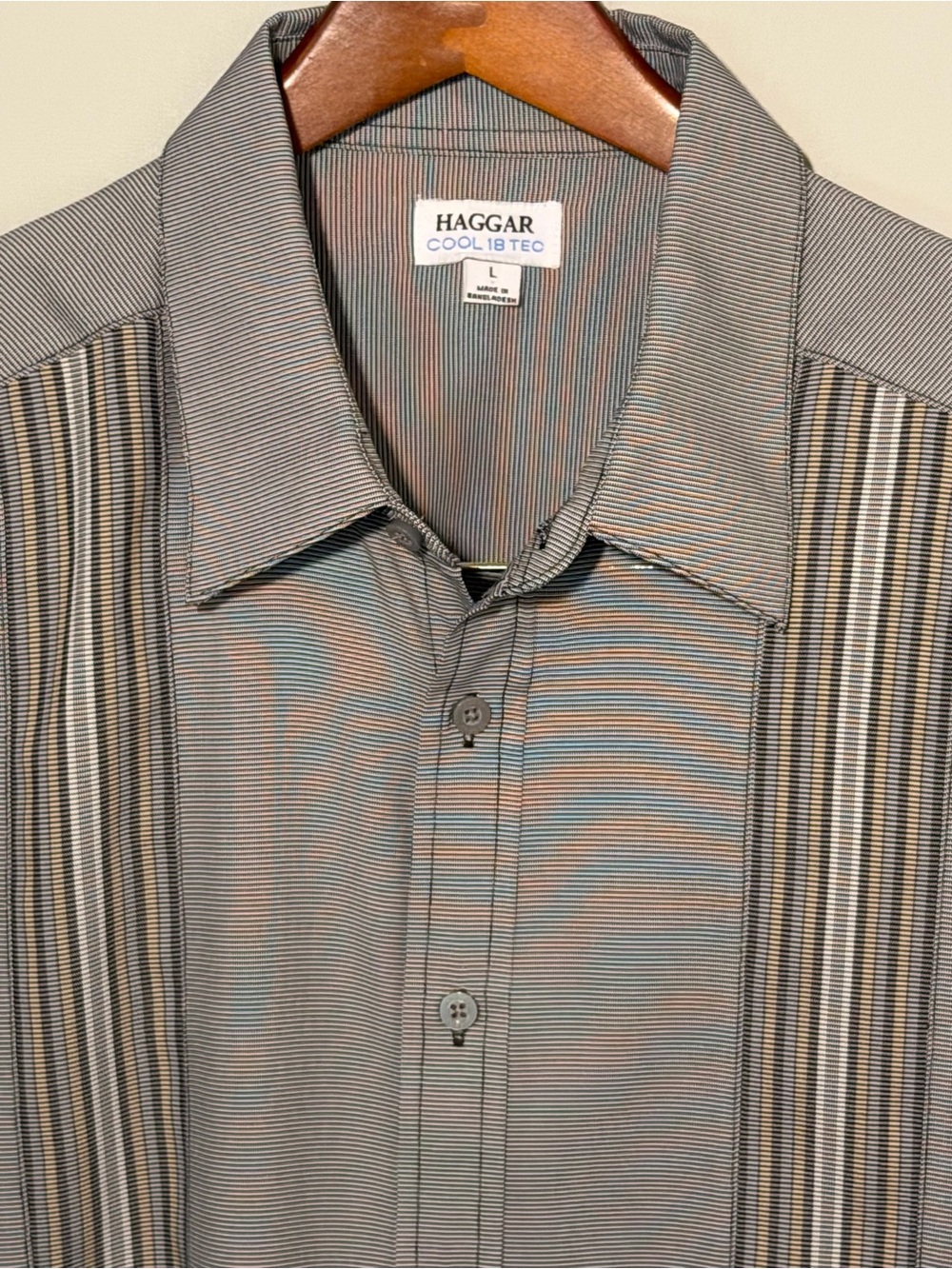 Haggar Men's Multistripe Button-Down Island-Inspired Camp Shirt in Gray & Brown